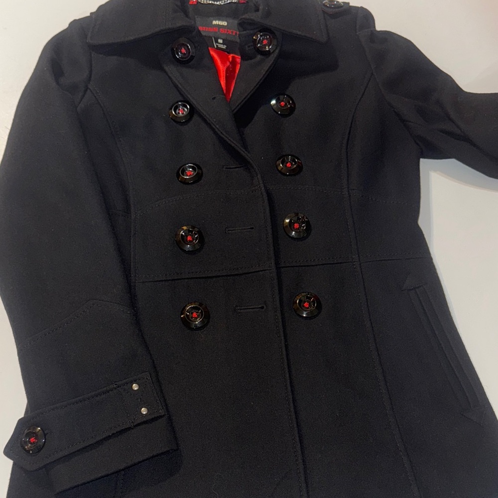 Stunning Y2K Miss Sixty Black Wool Trench Coat with a Deep Crimson Lining‎